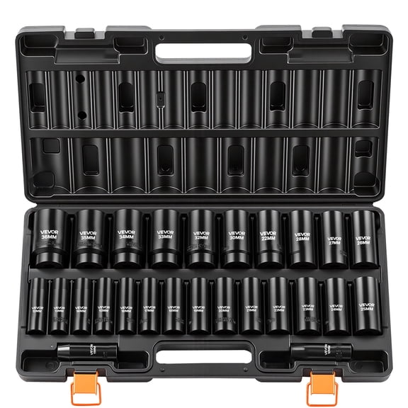 VEVOR Impact Socket Set, 1/2" Drive, 26-Piece Impact Sockets, 6-Point Sockets, Metric 10-30 mm, 32-36 mm, Easy to Identify, with a Sturdy Storage Case, Cr-V Alloy Steel Structure, for Vehicles Repair
