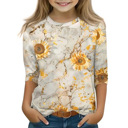 LTTVQM Girls 3/4 Length Sleeve Shirts Fall Trendy Floral Graphic Loose Fit Tee Comfortable Crew Neck Blouses for Girls Clothes Yellow 4-5 Years