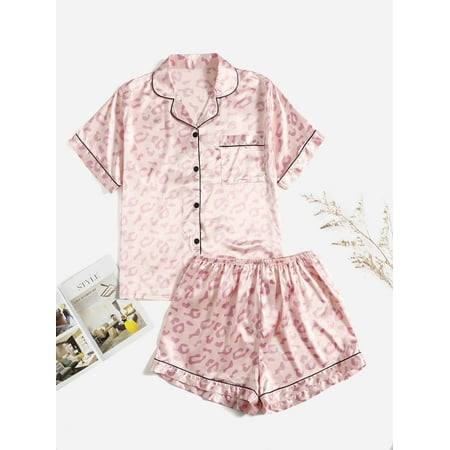 

Casual Women s Plus Short Sleeve Leopard Jacquard Contrast Piping Patched Pocket Satin PJ Set Baby Pink 2XL(16) for Summer F220102Y