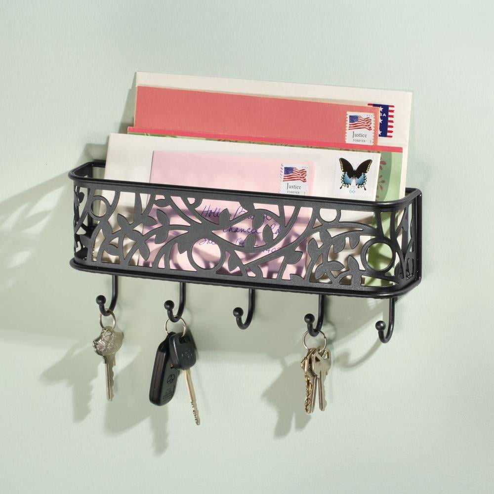 Hallway Magazines Kitchen Office 5 Hooks Mudroom Coats mDesign Wall Mount Metal Mail Organizer Storage Basket Holds Letters Keys for Entryway White/Gray Leather 
