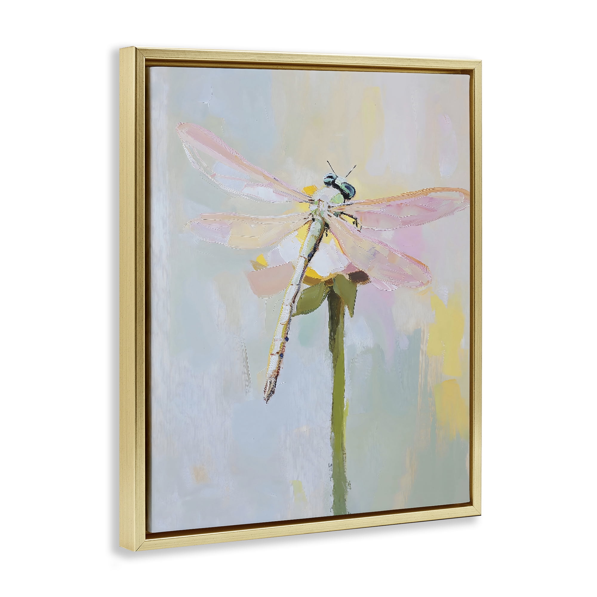 Stupell Industries Pastel Dragonfly Landing Gold Framed Floater Canvas Wall Art, design by The Prints Vibe