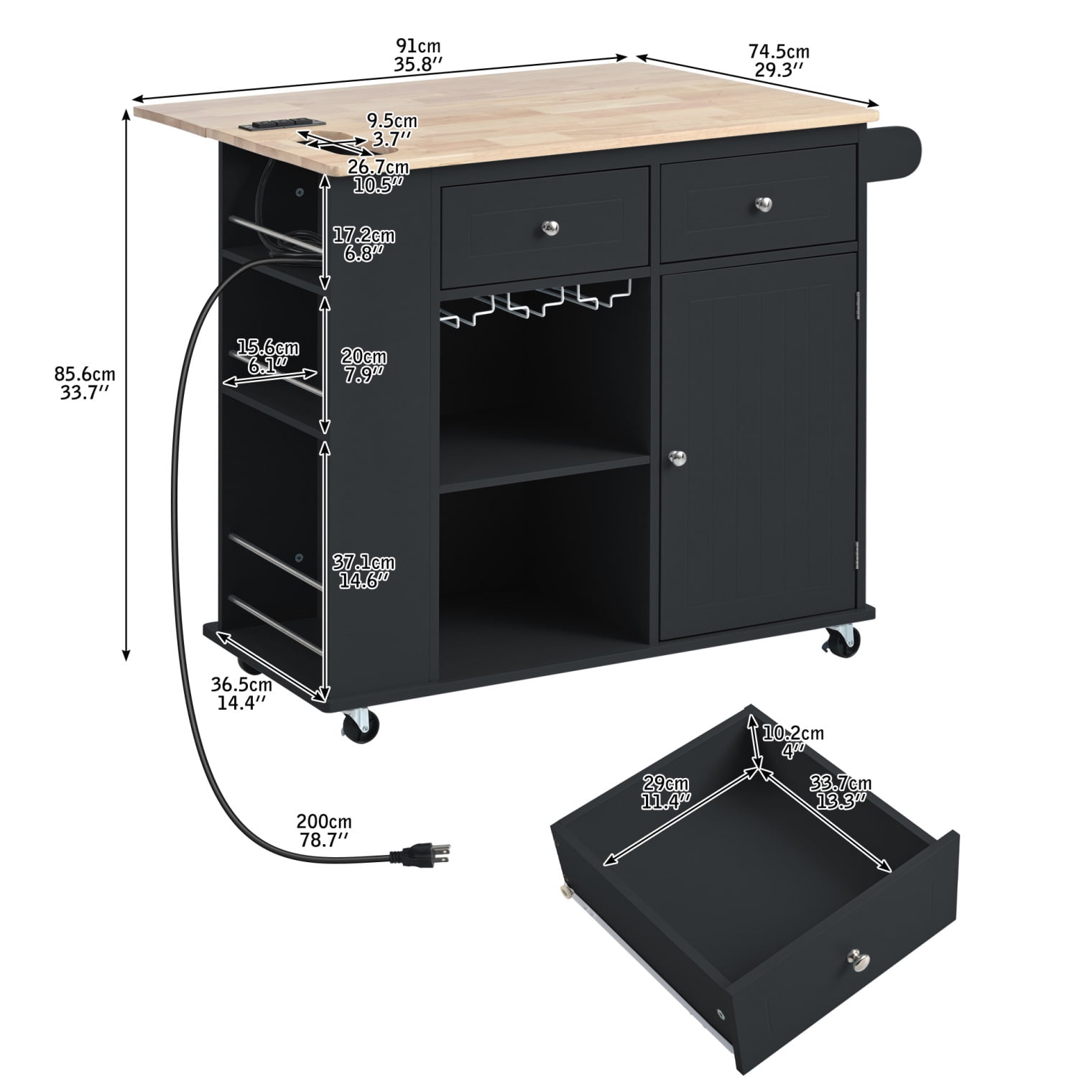 Kitchen Island with Storage, Kitchen Cart Cabinet on Wheels with Power Outlet, Adjustable Storage and Drop-Leaf Breakfast Bar, Rolling Kitchen Island for Home, Kitchen and Dining Room, Black