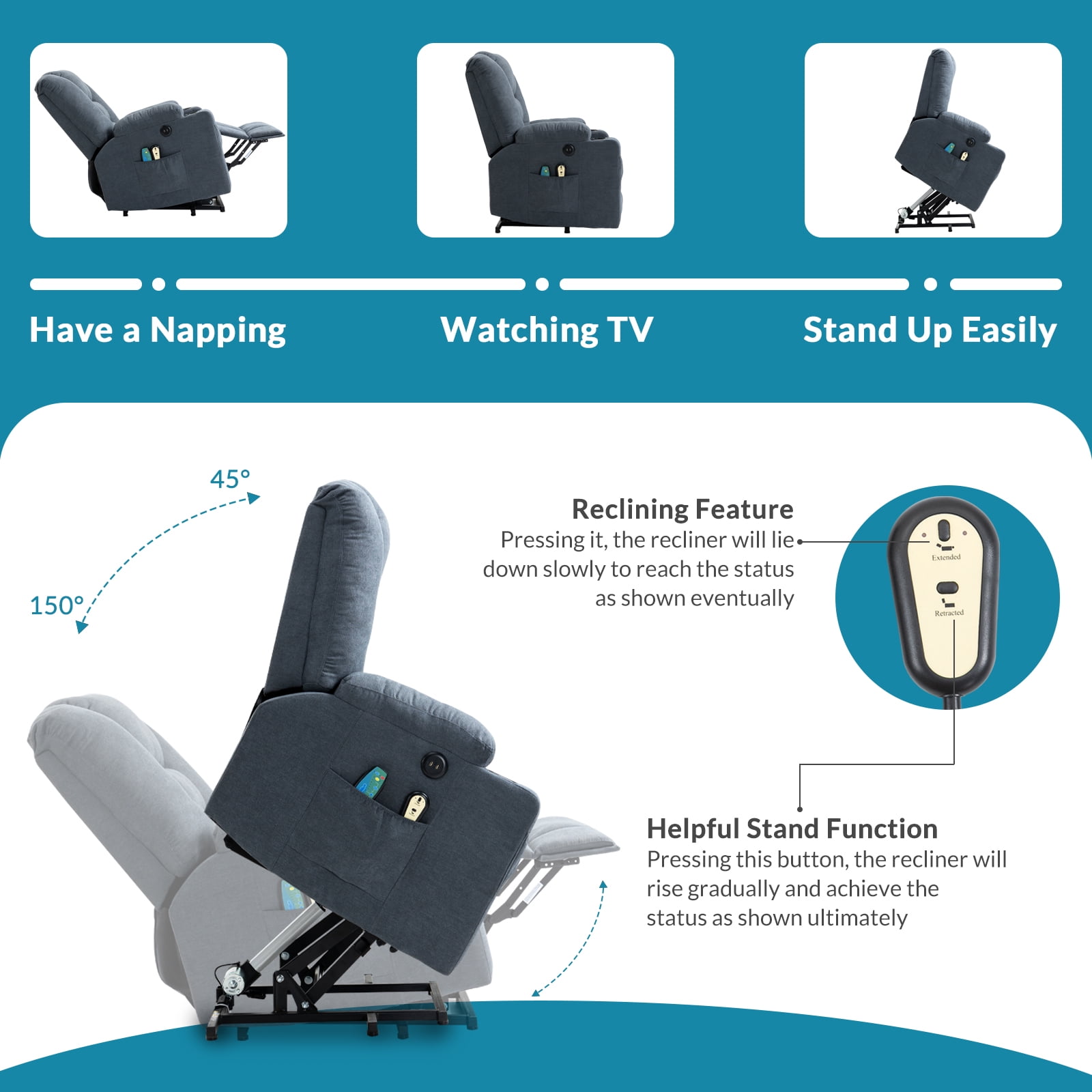 OUINCH Power Lift Recliner Chair with Massage & Heat, USB Ports, Cup Holders, Blue