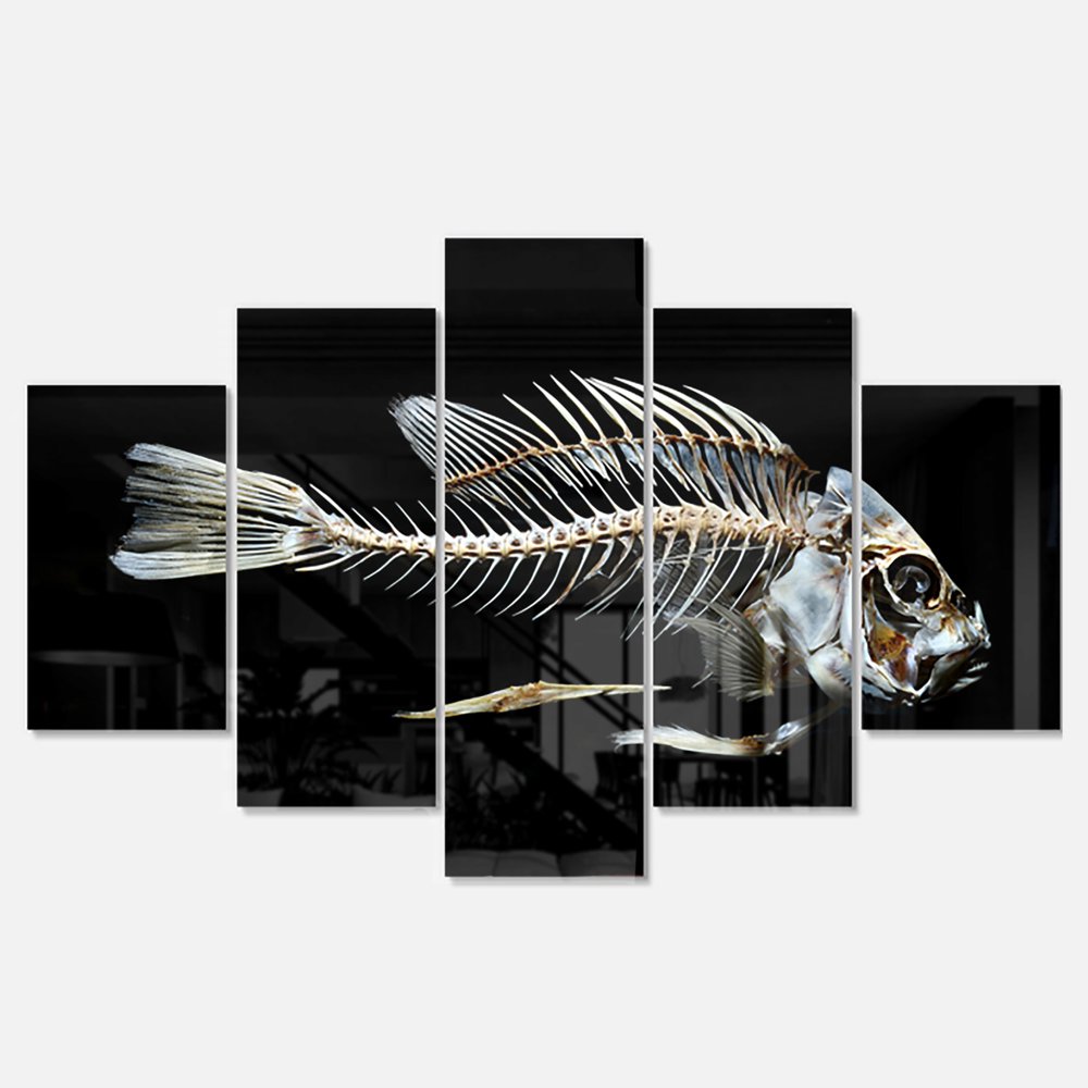 Designart 'Fish Skeleton Bone on Black ' Multipanel Animal Metal Wall
