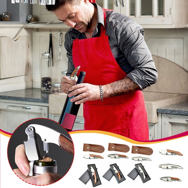 Fiudx Abridor de Botellas con Mango de Madera, Herramienta Multifuncional 3 En 1, Sacacorchos de Acero Inoxidable, Diseño Portátil, Ideal para Amantes Del Vino y La Cerveza, Ideal para Picnics y Barb