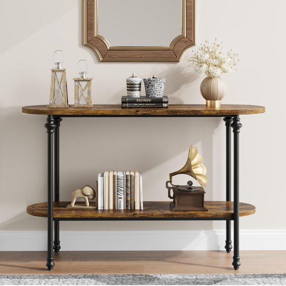 Console Table, 43.3" Entryway Table with Storage, 2 Tier Sofa Table with Metal Frame and MDF, Behind Couch Table for Living Room, Hallway, Entryway-Rustic Brown