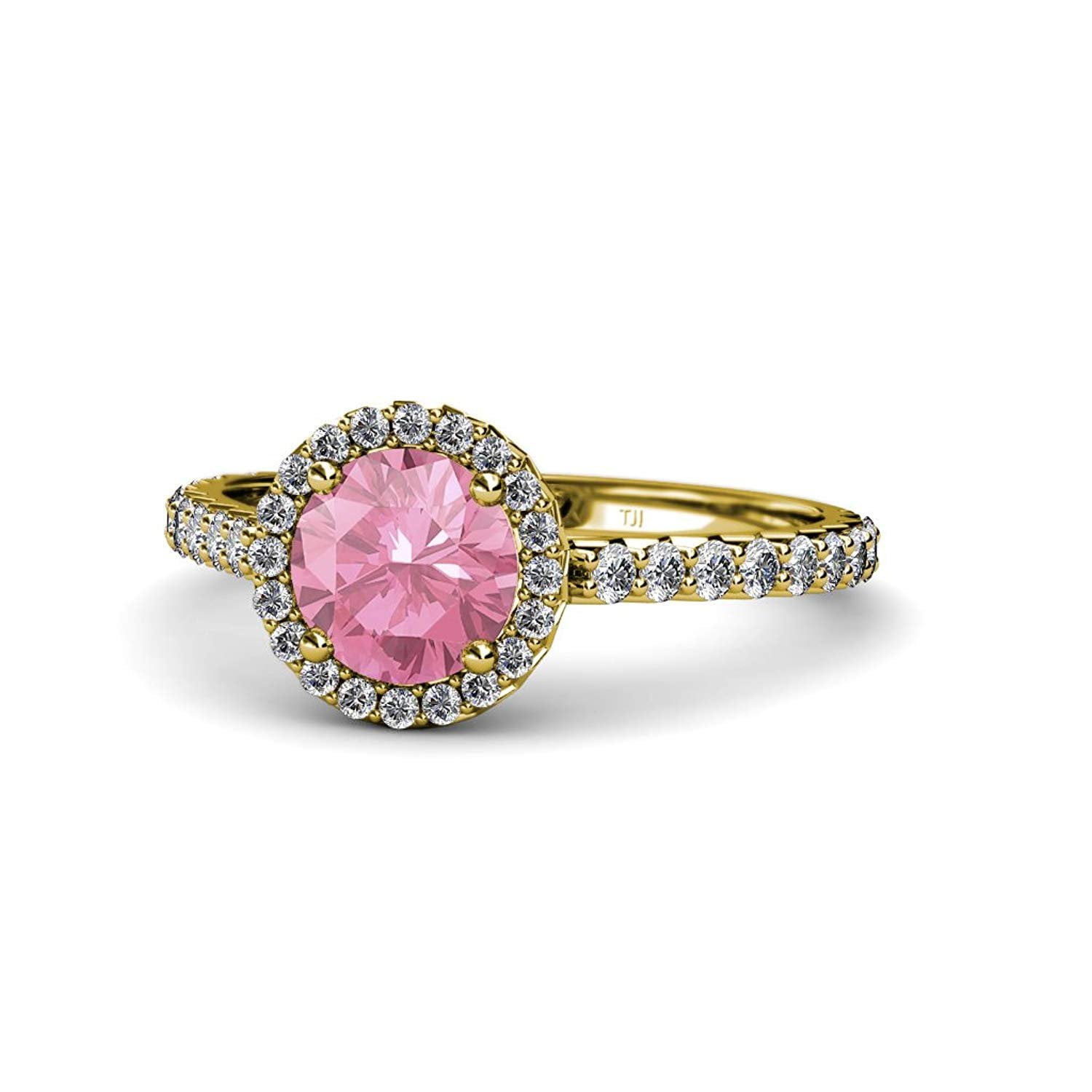 Pink Tourmaline and Diamond (SI2-I1, G-H) Halo Engagement Ring 1.38 ct tw in 14K Yellow Gold.size 4.5 by TriJewels