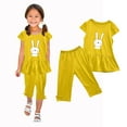 thumbnail image 2 of Odeerbi Toddler Girls 2 Piece Outfits Ruffle Tops Capris Set Summer Clothes Floral Print Round Neck Short Sleeve Flying Sleeves Top Elastic Waist Cropped Pants Two-piece Set Yellow, 2 of 5