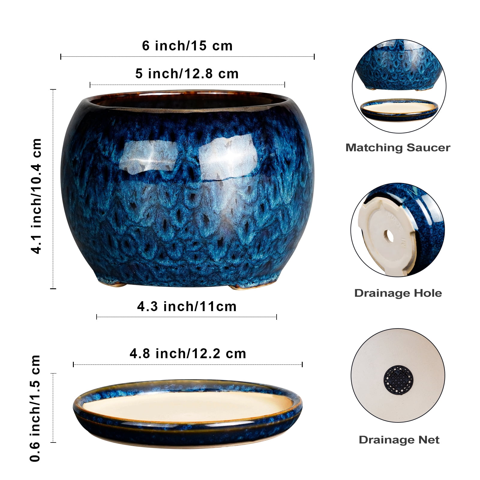 Ordivic 6 inch Blue Glaze Ceramic Plant Pot with Drainage Hole & Saucer, Small Decorative Flower Pots for Succulents & Herbs, Home Decor