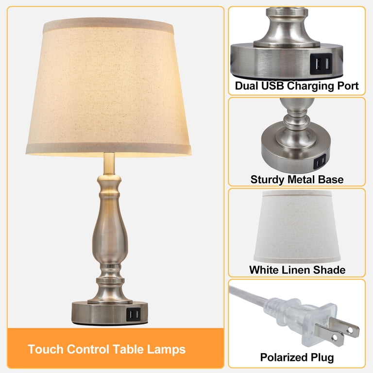 NATYSWAN 2-Piece Brushed Nickel Bedside Lamps with USB Ports photo 2