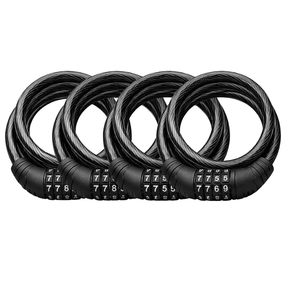 4-Pack Steel Combination Bike Lock Set 4 ft Cable, Resettable 4-Digit Code Black
