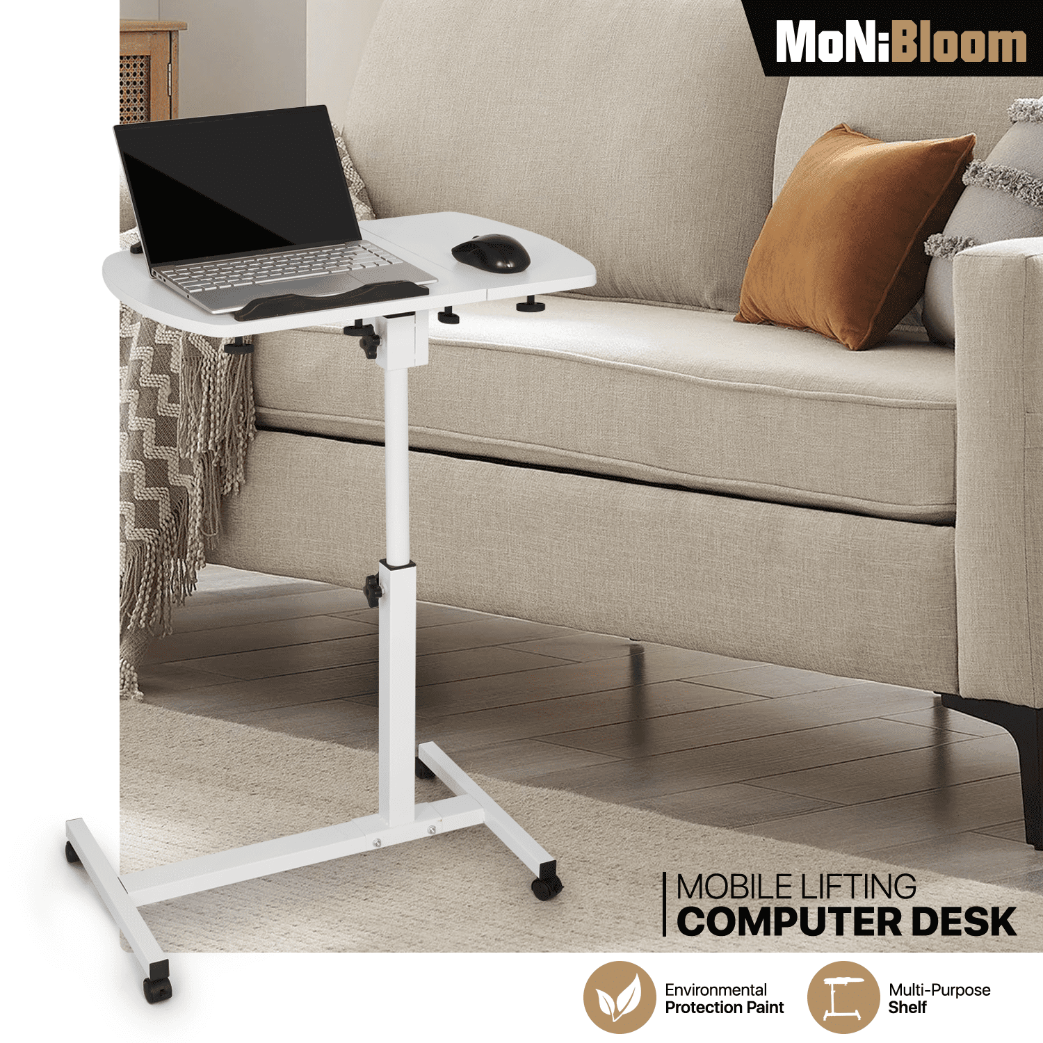 MoNiBloom ROLLING SWIVEL LAPTOP DESK Stand Up Workstation Adjustable Height & Angle Table