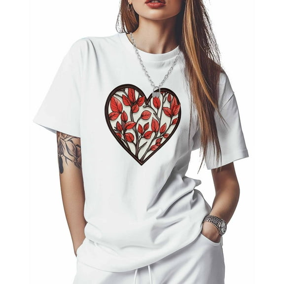 Women's T-Shirts, Love Heart Leaf Retro Valentine's Day Cotton Crewneck Tee Short Sleeve Casual Tops Loose Graphic T-Shirt White, 2XL