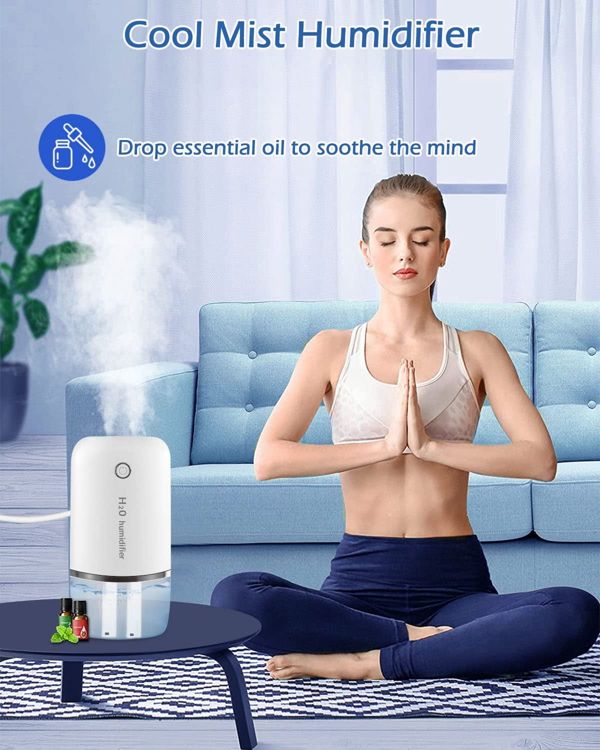 Small Humidifier 400ml Cool Mist Humidifiers for Bedroom 2 Mist Modes Desk USB Humidifier Mini Humidifier with Night Light Quiet for Home & Travel (White)