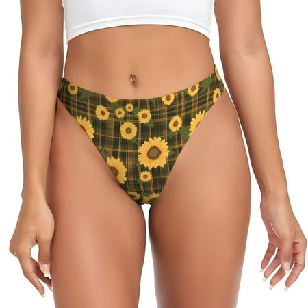 Qokaie Vintage Plaid Sunflower Printed Women s Cotton Thong Underwear  Sexy Breathable Panties G-string -Large