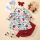 thumbnail image 1 of Conjunto de tres piezas de mono de manga corta para bebé niño Herrnalise, para primavera y otoño, para bebés pequeños, niñas, informal, con lazo, manga larga, floral, pantalones de color liso, 1 of 6