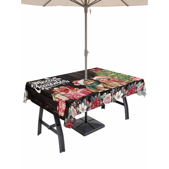 Outdoor Tablecloth with Umbrella Hole and Zipper, Christmas Cats Rectangle Table Cloth 60x84 Inch Waterproof Tablecloth, XmasTree Winter Gifts Floral Brown Wooden Picnic Table Cover for Patio Camping