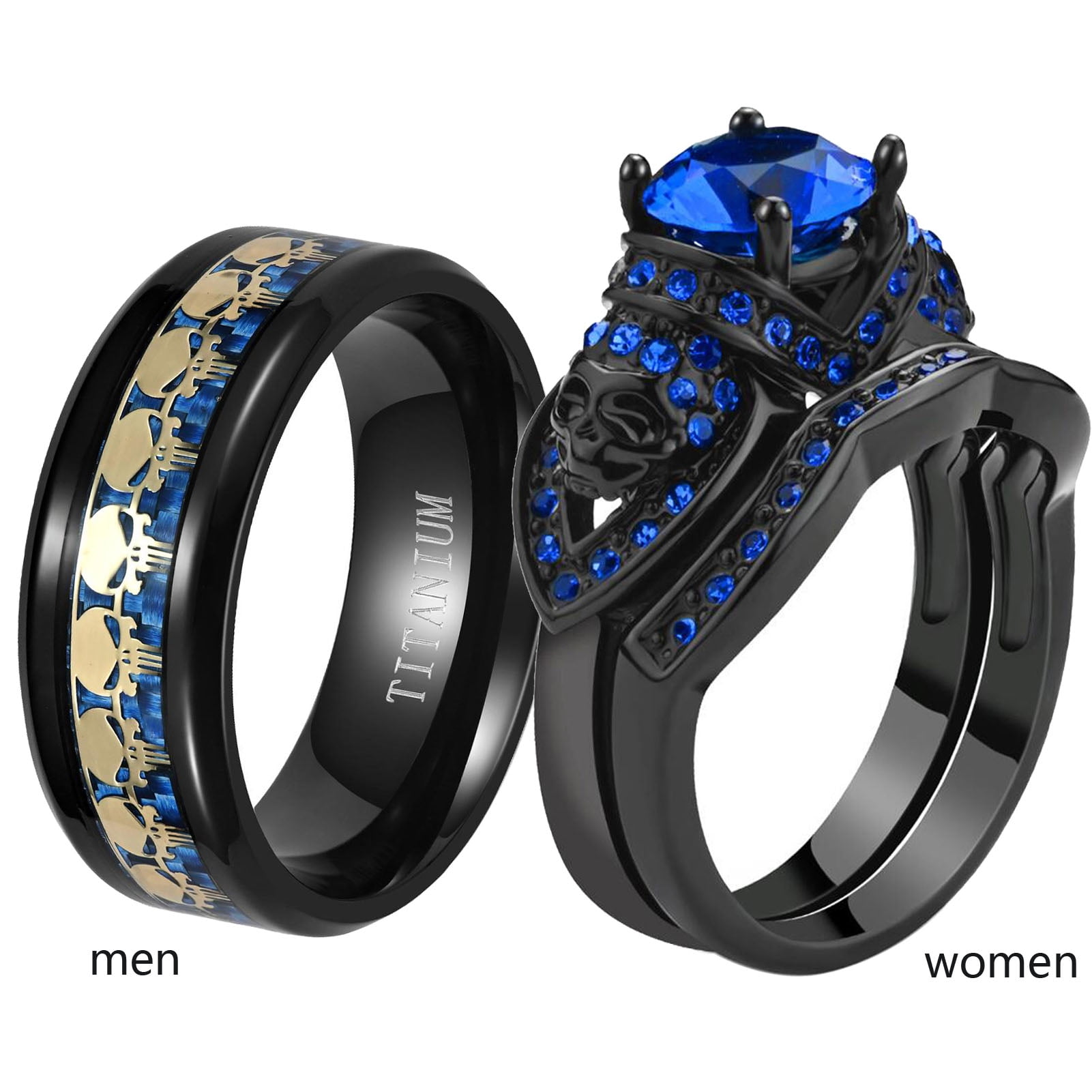 His & Hers Couple Rings Set - Black Plated Titanium Steel Bands With Green CZ | Matching Wedding Ring Set For Engagement
