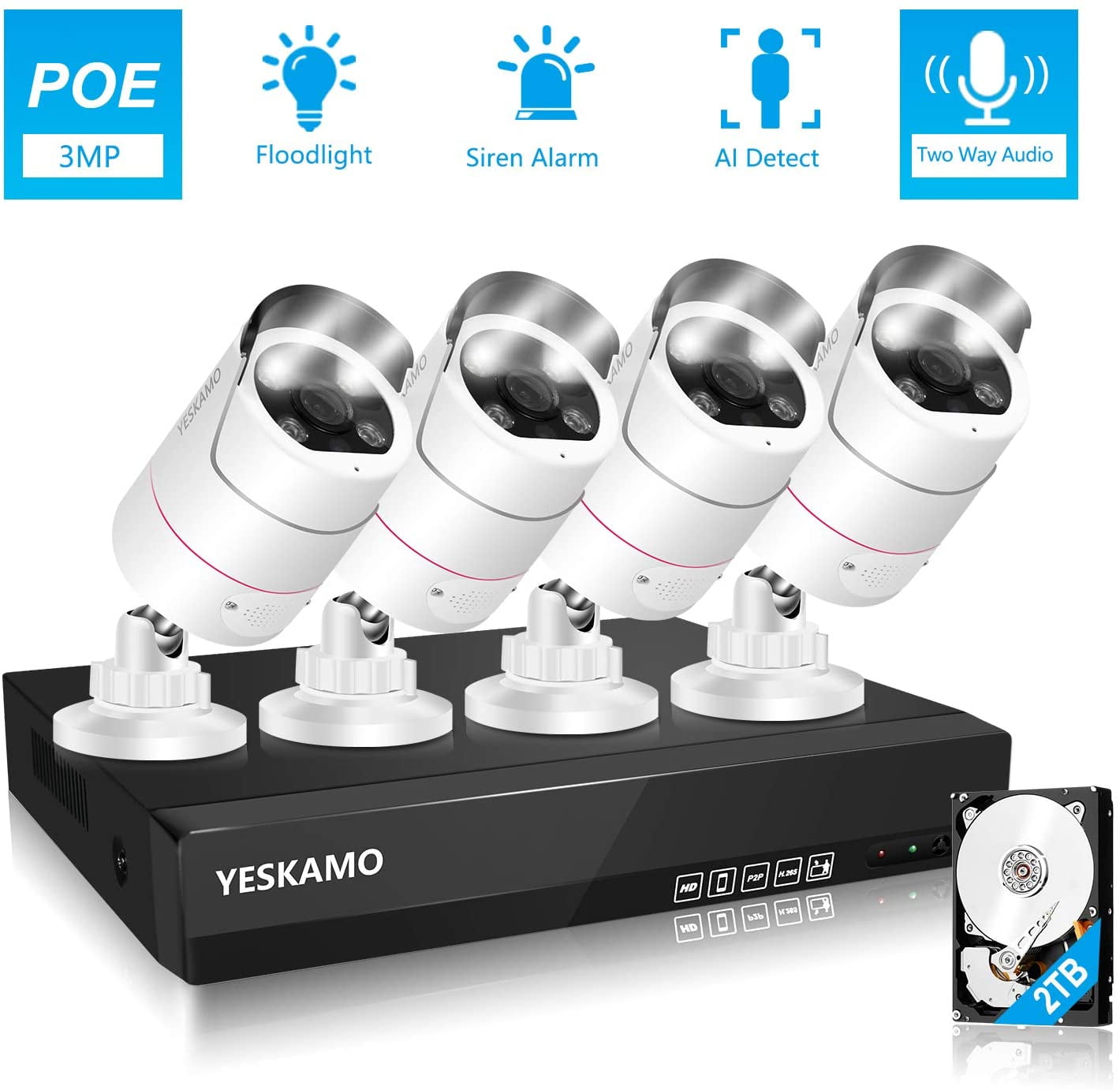 Yeskamo Poe Outdoor Home Security Camera System Floodlight 2 Way Audio 5k 8ch Nvr 4pcs 3mp Spotlight Ip Cameras With 2tb Hard Drive Color Night Vision Siren Alarm Ai Human Detection Walmart Com