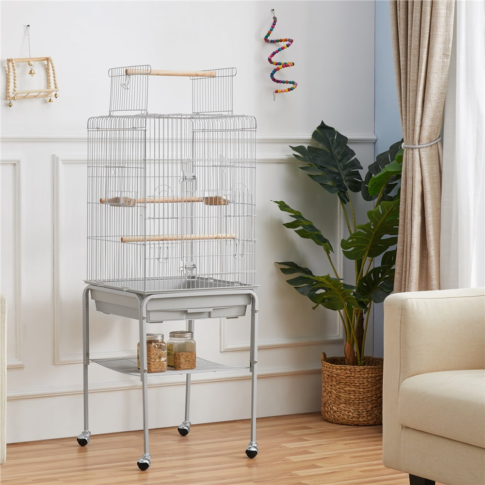 Alden Design 53.5" Metal Rolling Bird Cage with Play Top Stand, Light Gray
