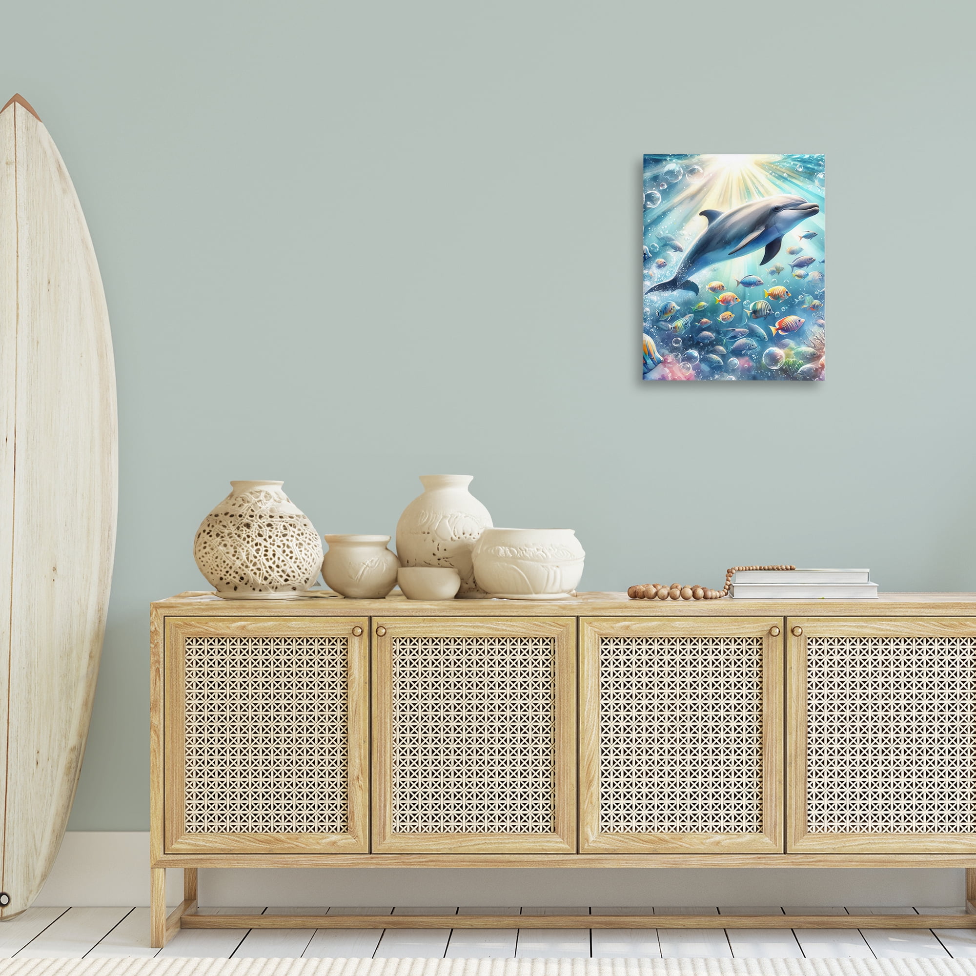 Stupell Industries Dolphin Among Sea Life Nautical & Beach Painting Wrapped Canvas Art Print Wall Art, 16 x 20