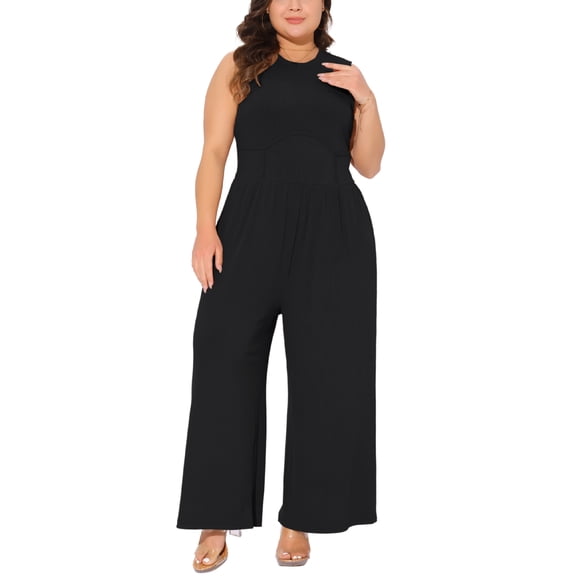 Agnes Orinda Women's Plus Size Mother's Day Jumpsuit Crew Neck Sleeveless Overalls Wide Leg Pant Summer Casual Rompers with Pocket 1X Black