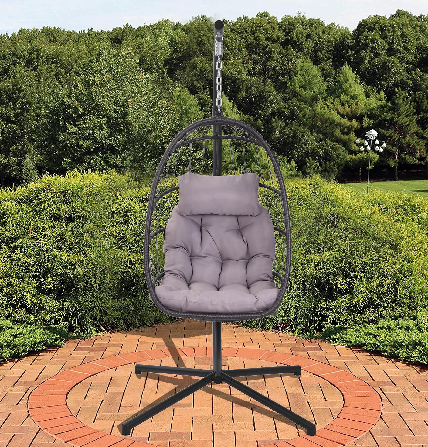 Outdoor Swing Chair, Wicker Egg Chair with Stand and Cushions, Hanging Chair for Bedroom Patio Porch Balcony, Hammock Chair Outdoor Lounger, Gray - image 2 of 6