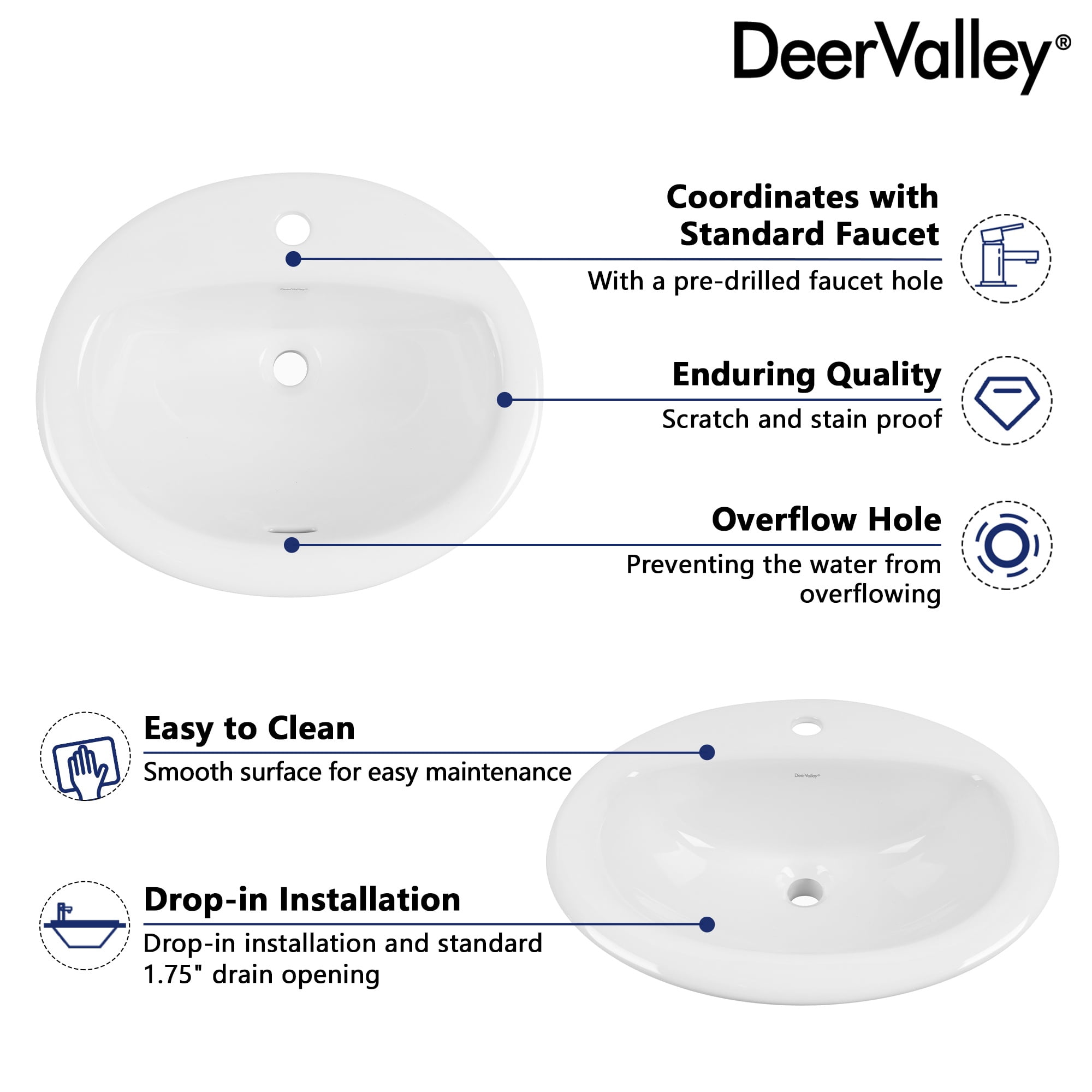 DV-1DS0120 20'' x 17'' White Oval Vitreous China Drop-in Bathroom Sink with Overflow