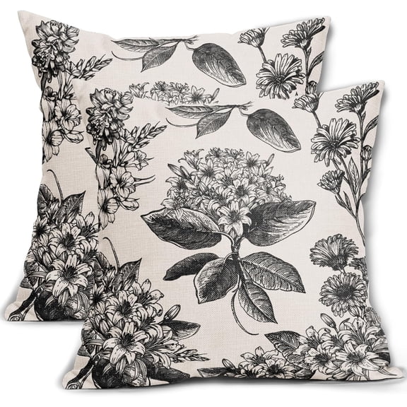 Vintage Floral Pillow Covers 16x16 Set of 2 Black Flower Pattern Print Decorative Outdoor Pillowcases Farmhouse Throw Cushion Case Decor for Couch Sofa Bed