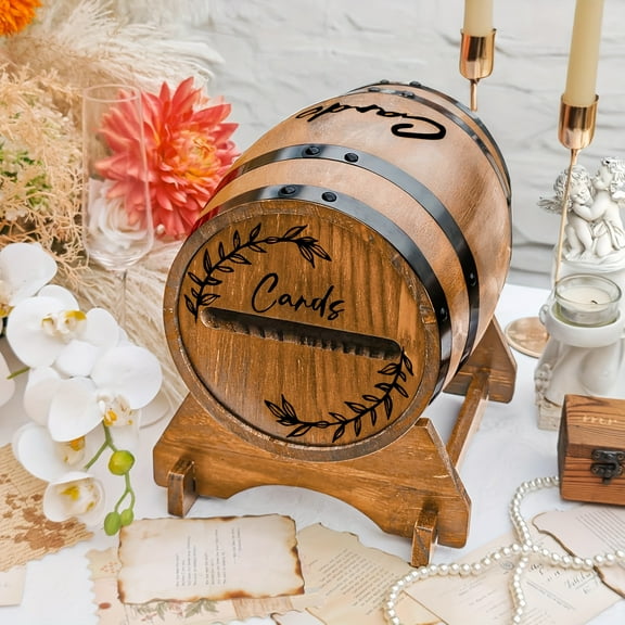 Wooden Wedding Card Box with Slots and Base, Brown Wedding Envelope Money Coin Greeting Card Box Suitable for Wedding Shower Birthday Graduation Party Decorations (Accessories in the Bucket)