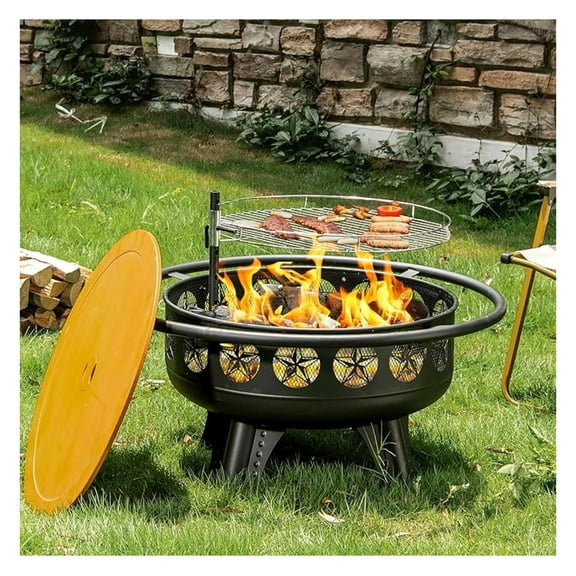 32 Inch with Swivel Cooking Grate,3-in-1 Wood Burning Firepit with Grill,Outdoor Table with Metal Lid and for Outside Patio Backyard BBQ Camping (32 Inch)