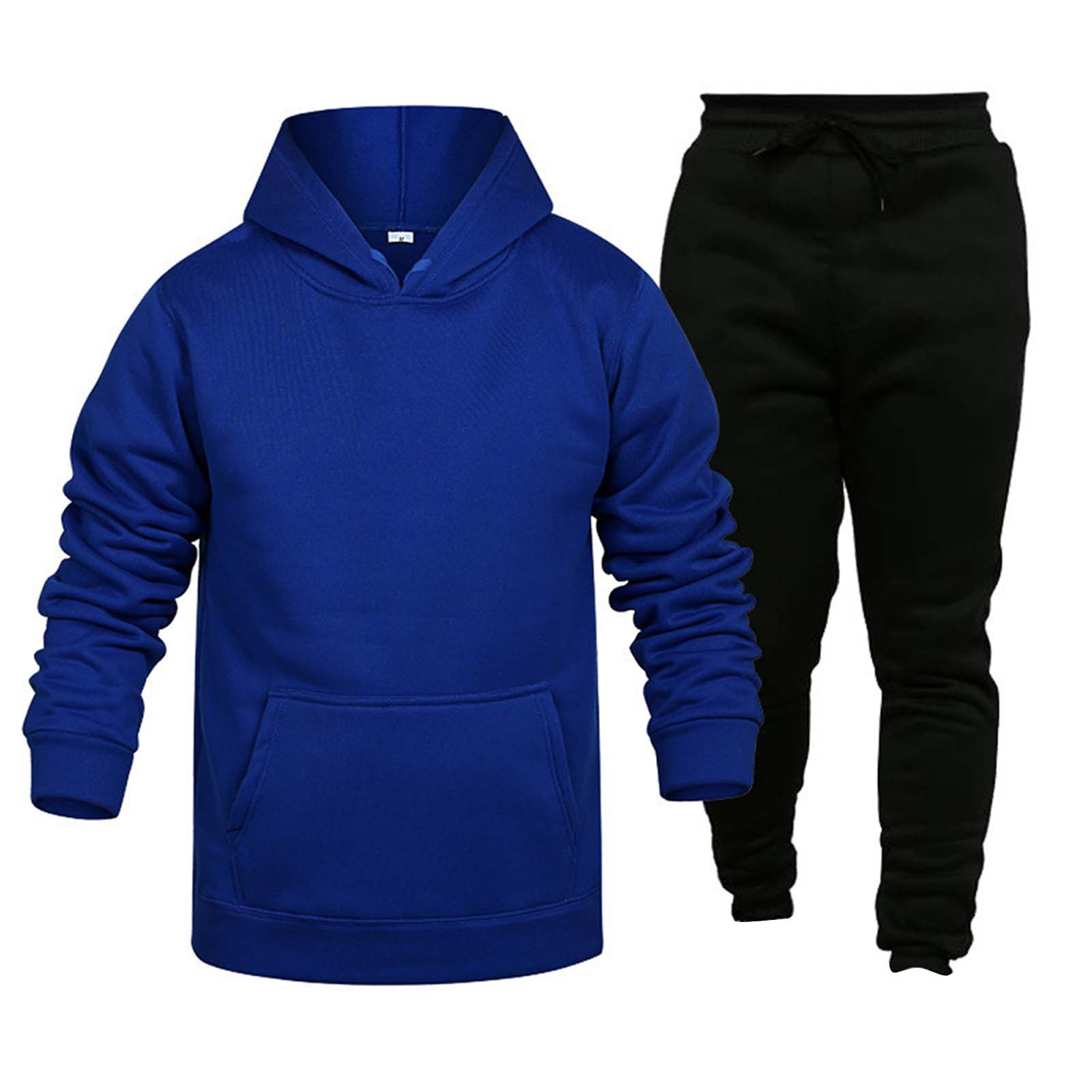 Hoodies For Men Men'S Fashion Casual Fleece With Color Two Piece Hooded Pocket Lace Pullover Sweater Pants Set Track Suits For Men Set Tops For Men Blue S