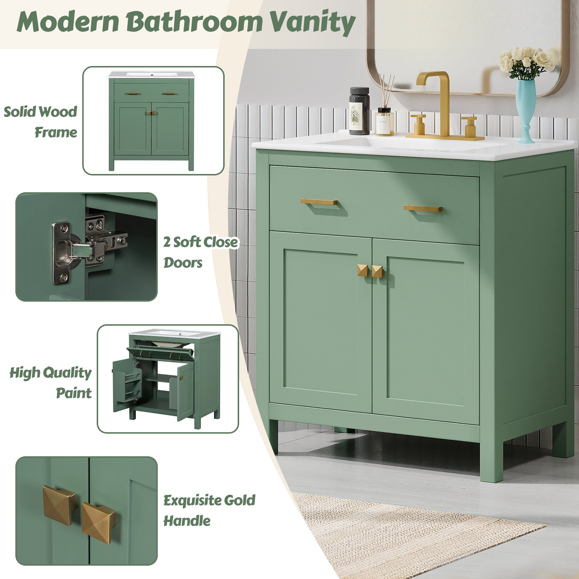 Harper & Bright Designs 30 inch Bathroom Vanity with Ceramic Sink, Modern Green Single Bathroom Cabinet with 2 Doors and a Shelf, Soft Close Doors, Green