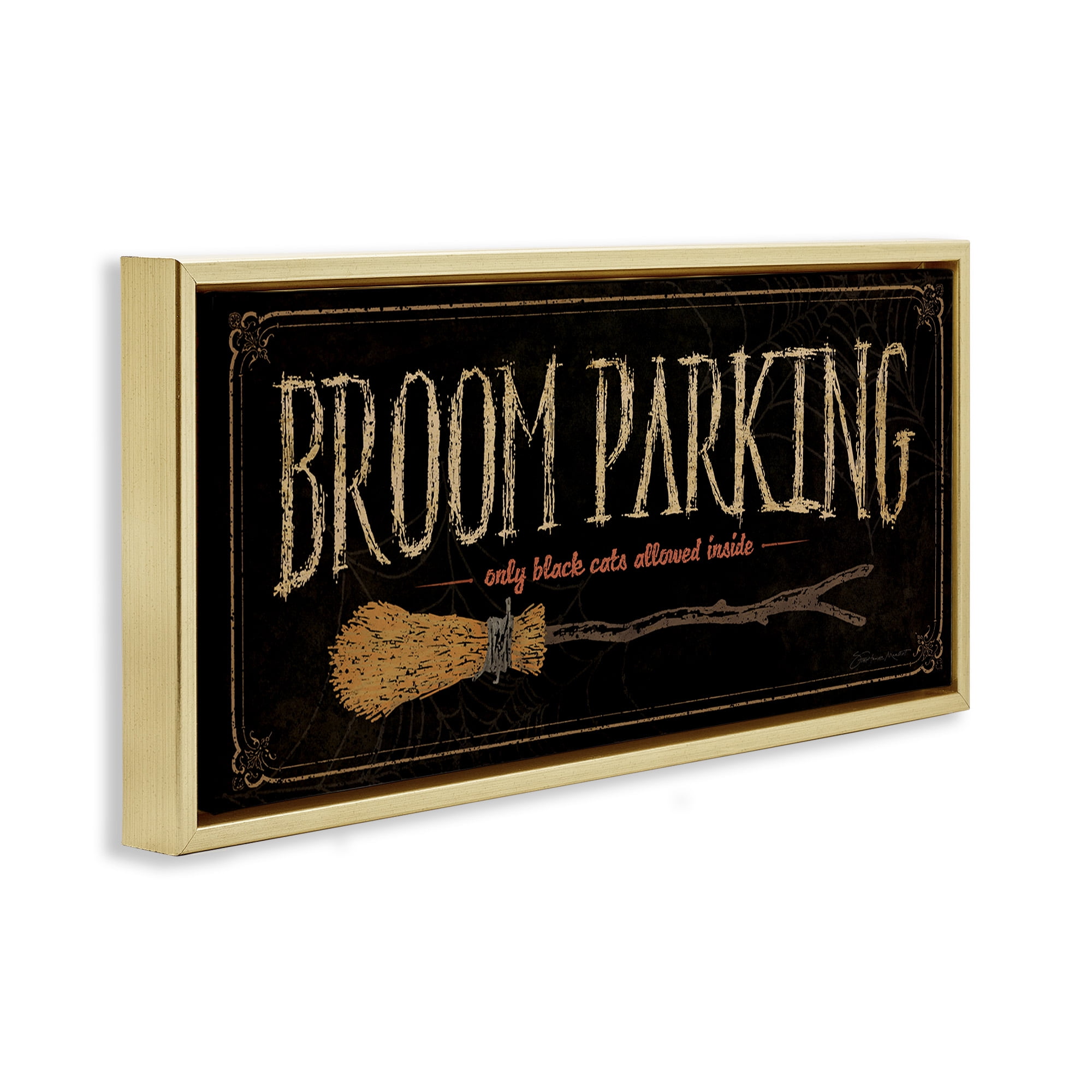 Stupell Industries Broom Parking Black Cats Allowed Holiday Painting Gold Floater Framed Canvas Art Print Wall Art, 25 x 11