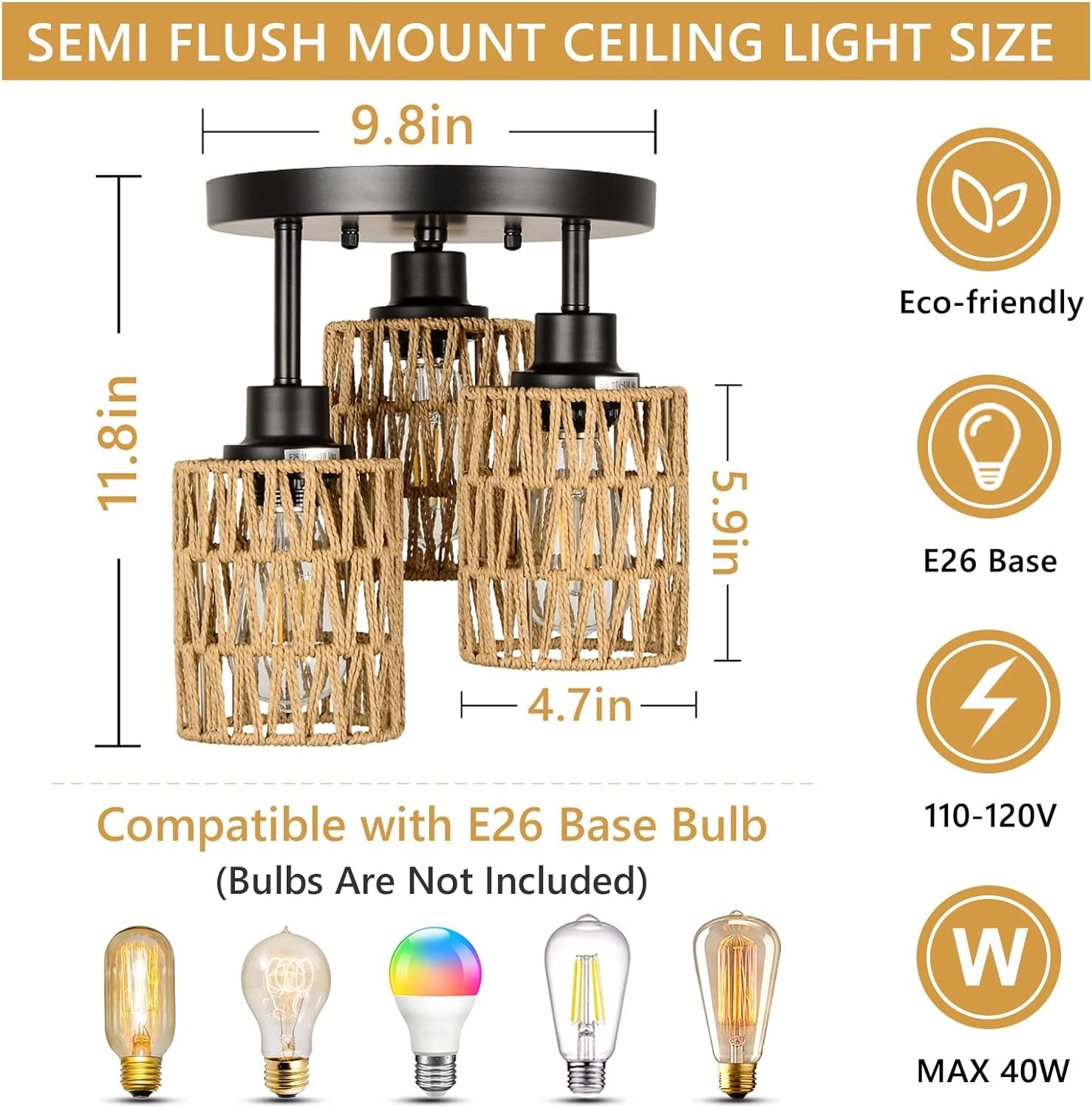 Table Lamp, Flush Mount, Brown Bedroom Lamp,Rattan+Metal LED Lamp, Lighting & Lamps