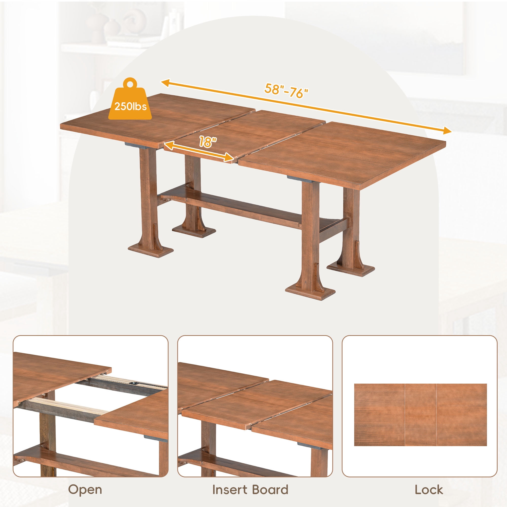 6-Piece Dining Table Set for 6, 58"-76" Extendable Dining Table with Removable Leaf, 4 Chair and Bench