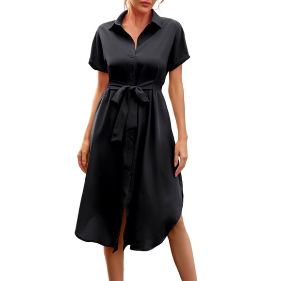 WILLBEST Women Dresses Stylish Women's Casual Dress Short Sleeve Roll Sleeve Belted Midi Dress for Summer European Fashion