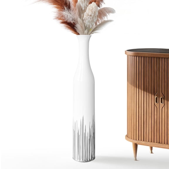 27.5 Inch White Floor Vase – Silver Geometric Tooth Pattern, Cylindrical Decorative Tall Vases for Modern Home, Wedding, Entryway – Resin Tall Floor Vase