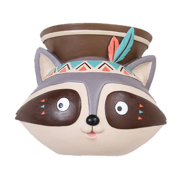 S SERENABLE Ethnic Cartoon Animal Head Wall Mounted Planter Hanging Flower Pot Resin Raccoon