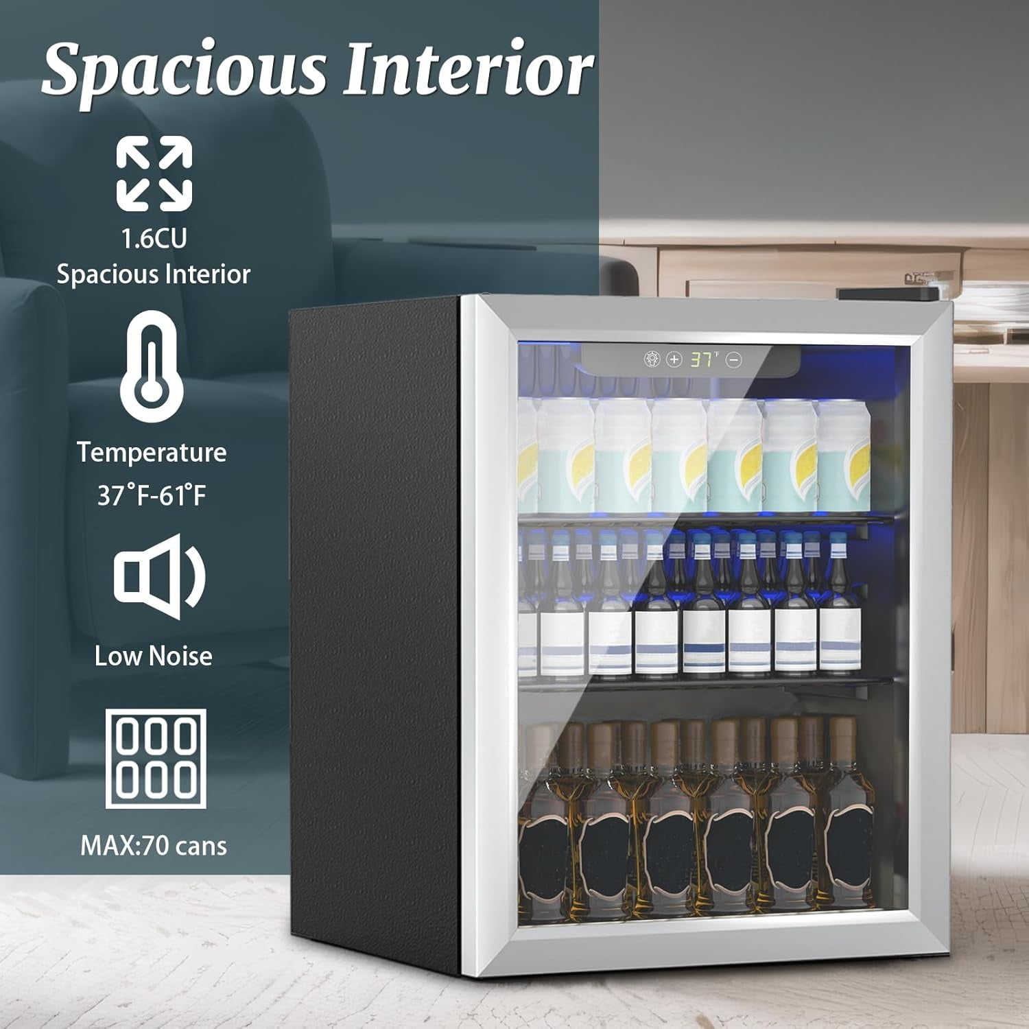Dimedeal 1.6 Cu.Ft Mini Beverage Refrigerator, 70 Cans Mini Fridge with Glass Door, Small Cooler for Office Bedroom Home Bar, Sliver