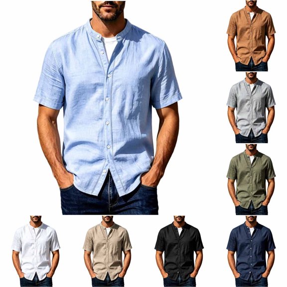 Men's Linen Shirts Short Sleeve Casual Summer Beach Button Down Shirt for Men Size 3XL Light Blue
