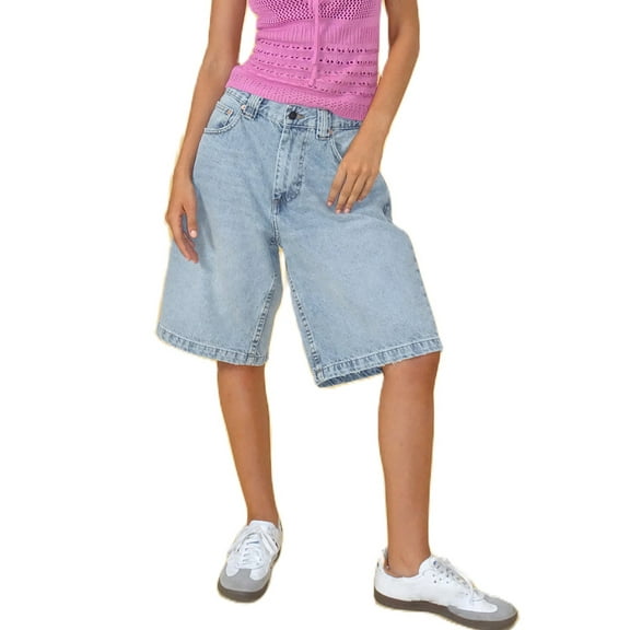 Michellecmm Women's Knee Length Denim Shorts Loose Solid Color Low Rise Wide Leg Long Shorts with Pockets