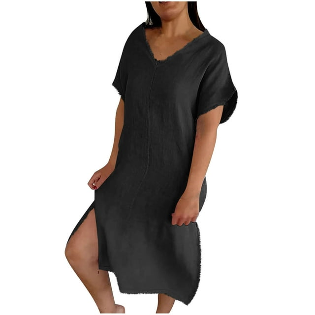 Liquidation d'Été 2025! Robe Grande Taille pour Femmes, Liquidation d'Été pour Femmes, Mode Robe d'Été Décontractée à Col en V Manches Courtes Unie pour la Plage