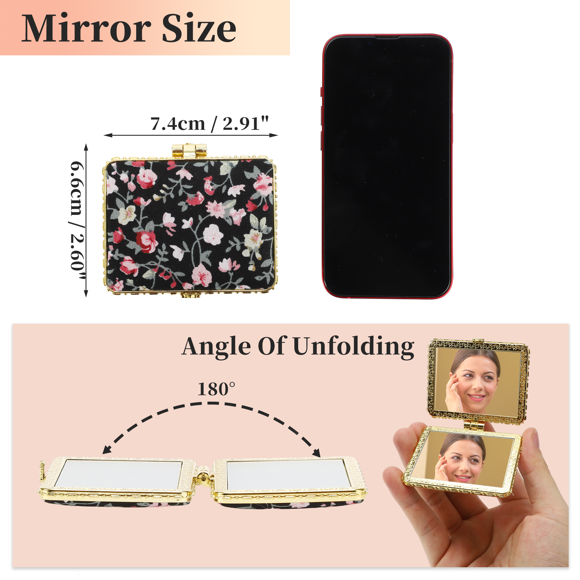 Unique Bargains Flower Square Pocket Mirror Black