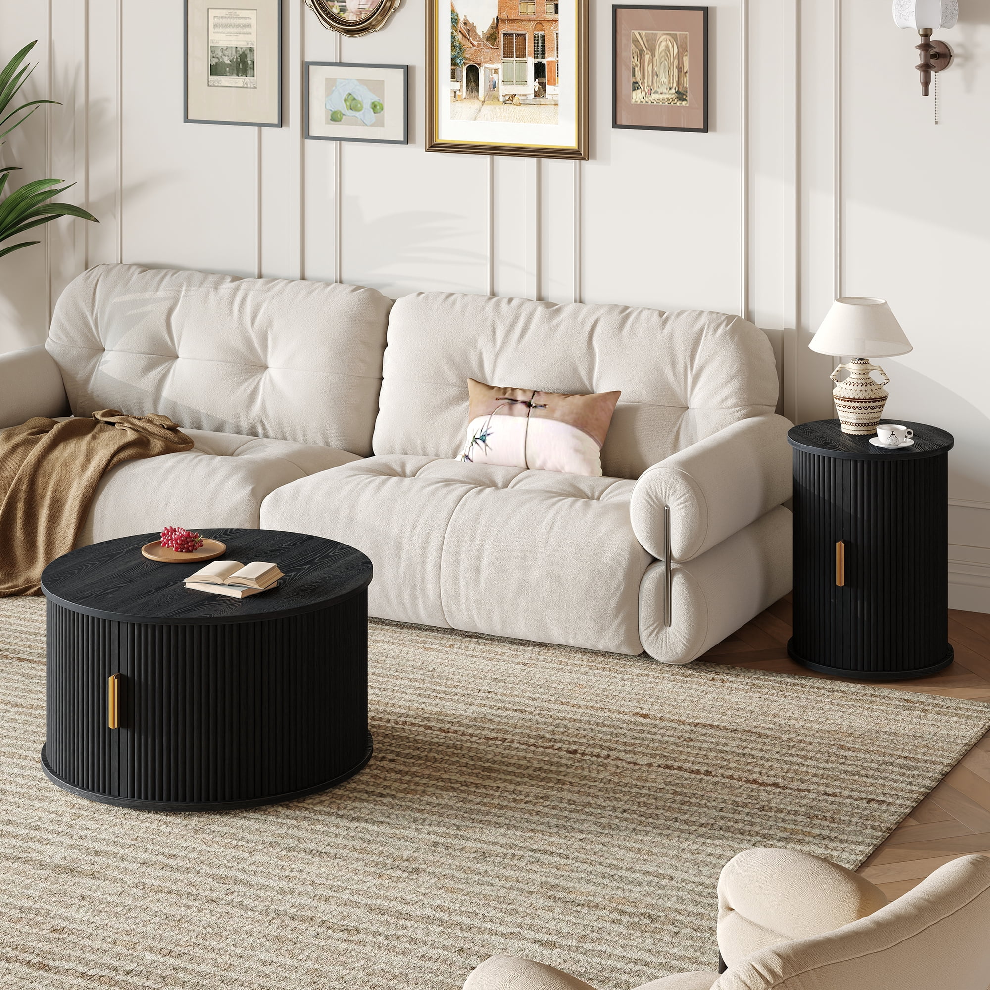 Euroco Mid-Century Coffee Table Set with Sliding Tambour Door, Round Fluted End Table With Storage, Golden Handle Tall & Low Side Table with Wooden Finish for Living Room, Set of Two
