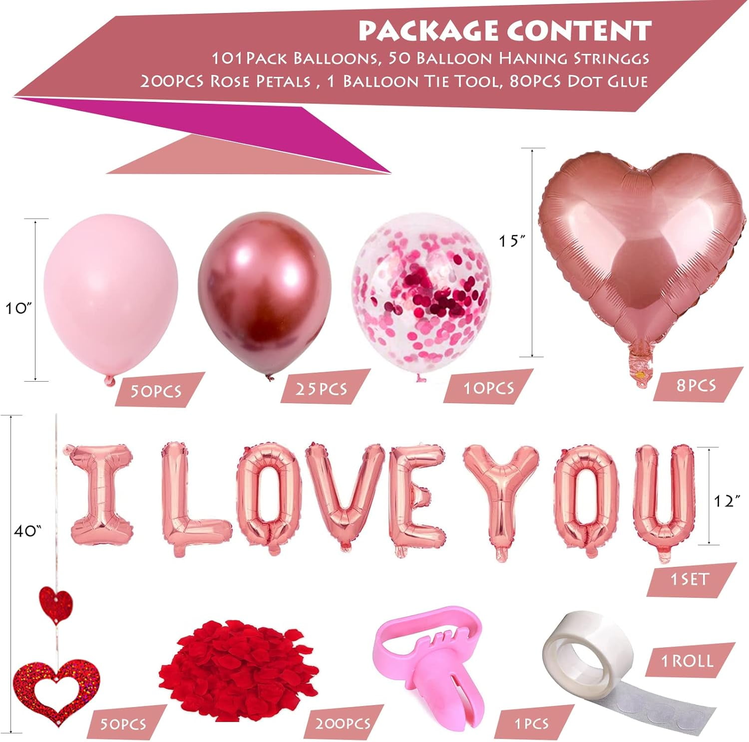 Sparklane Valentines Day Balloons Kit, 101 Pack Rose Gold Pink Heart Balloons with Rose Petals, I Love You Balloons for Anniversary Mothers Day Wedding Romantic Decorations Special Night