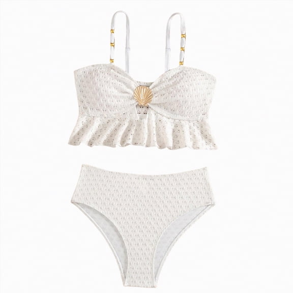 CAICJ98 Girls Two Piece Swimsuits Metallic Shell Bikini Sets Cut Out Bathing Suits for Girls Ruffle Top High Waist Hipster Swimwear (9-10 Years,White)
