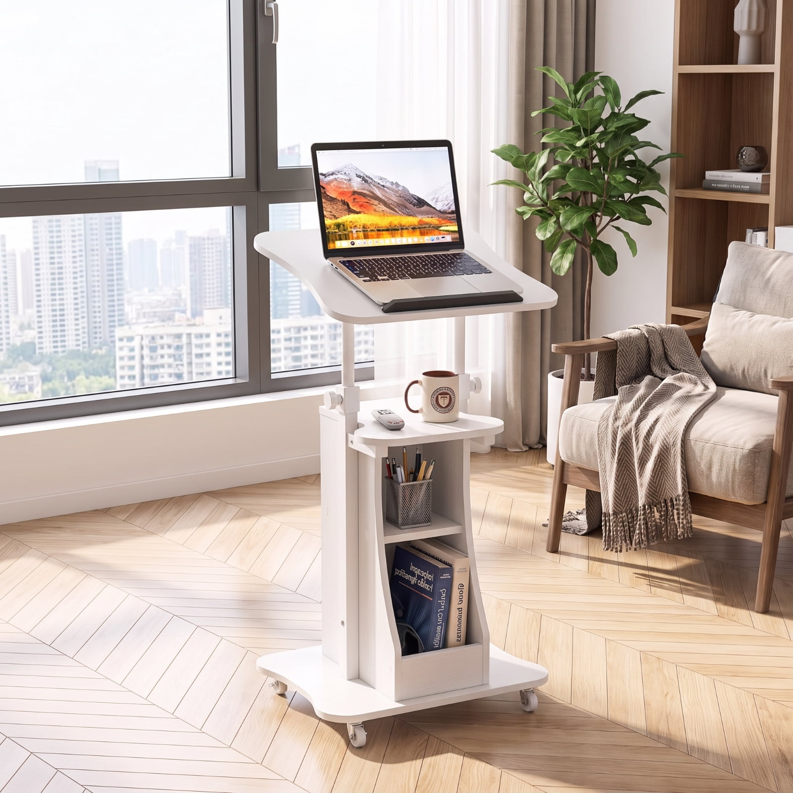 Furnibear Mobile Podium Stand Height Adjustable Laptop Cart with Tilting Tabletop Lockable Wheels and Storage Compartments for School, White