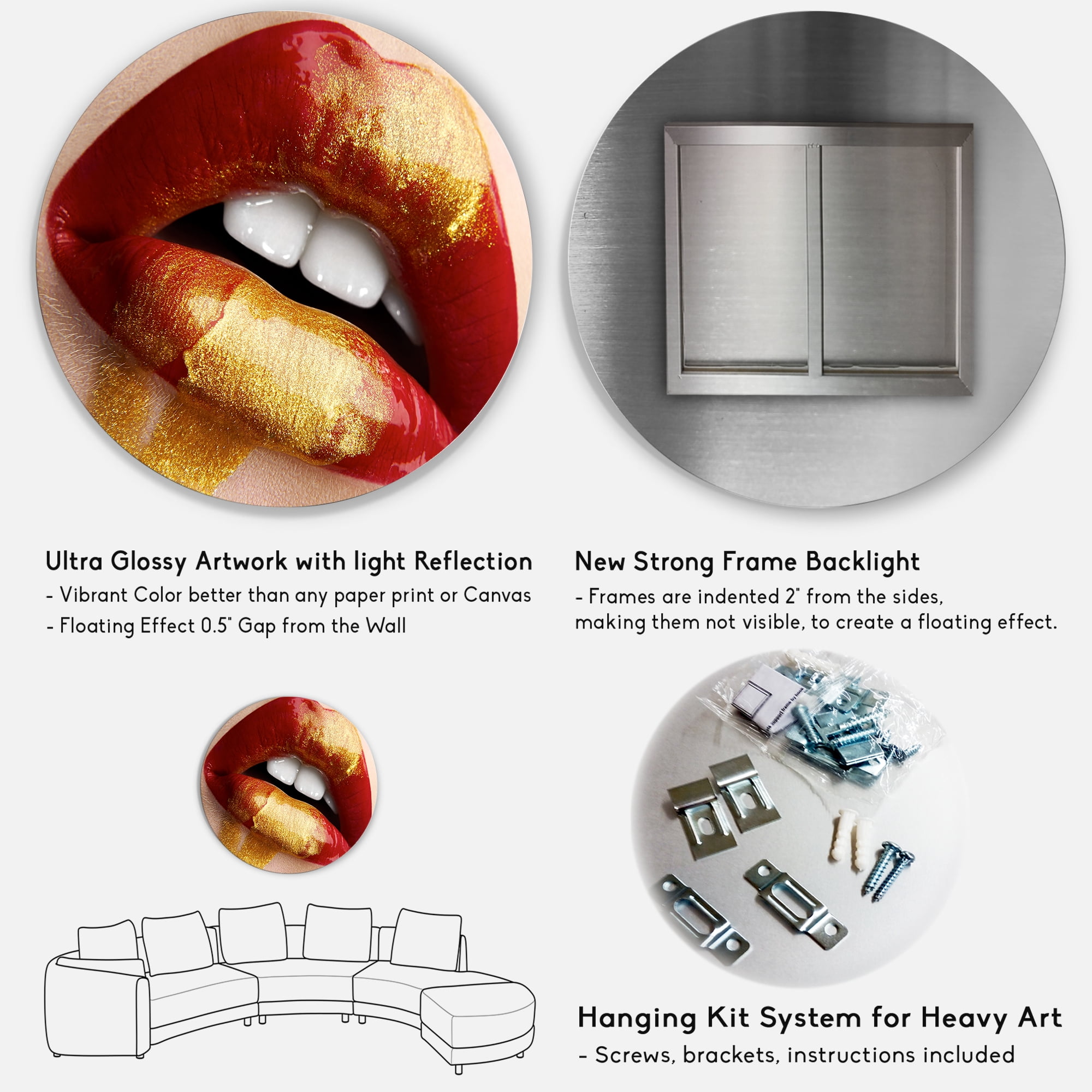 Designart 'Plump Woman Lips With Gold and Red' Modern Circle Metal Wall Art 36x36 - Disc of 36