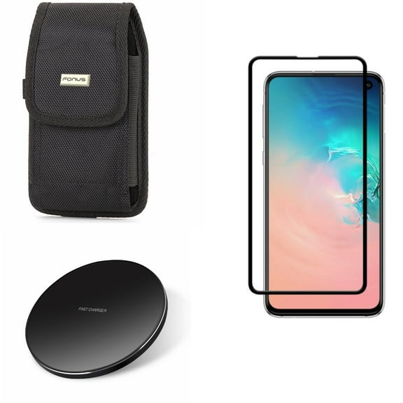 Galaxy S10e Case Belt Clip w Screen Protector w Wireless Charger - Rugged Holster Canvas, Tempered Glass 5D Curved Edge, Fast 7.5W and 10W Charging Pad for Samsung Galaxy S10e Phone